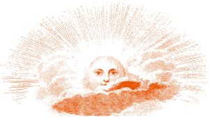 雲から顔を覗かせる太陽（銅版画調・カラー）
