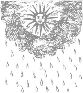 太陽を覆う暗雲から降り注ぐ雨（銅版画調・カラー）